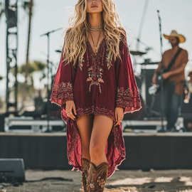 欧美外贸音乐节摇滚派对狂欢节复古荒原风民族风宽松大码连衣裙