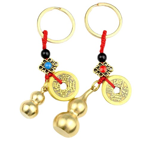 Copper gourd five emperors money keychain hollow solid pure copper small gourd wholesale car feng shui pendant pendant stall