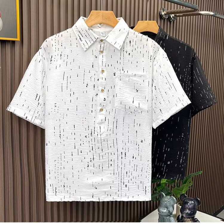 Camisa de impresión de moda transpirable de estilo fino de verano para hombre de polo retro japonés, diseño de manga corta, gypsophila
