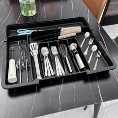可伸缩厨房餐具分格收纳盒刀叉分类整理盒 抽屉式餐具盒四向伸缩