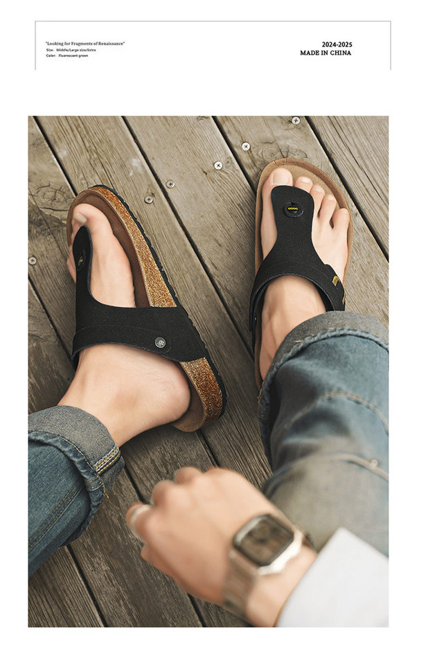 Dép sandal nam quai ngang kẹp chân đế gỗ phong cách Birken, thoáng khí đi biển — Màu đen, Nâu vàng, Trắng be chi tiết 7