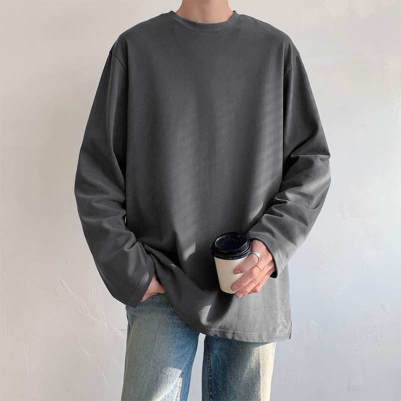 Camiseta de manga larga de algodón para hombres primavera nuevo color sólido versátil simple camisa de Fondo Juvenil pareja suelta superior