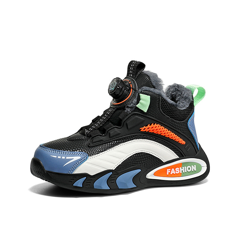 Sportschuhe aus Leder für Kinder mit drehbaren Knöpfen, fleecegefüttertem, baumwollgepolstertem Mesh-Obermaterial für Jungen und Mädchen (Frühlingsmodell)_voghion.com