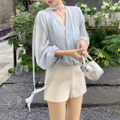 温柔水蓝长袖轻奢显瘦夏季波点气质时尚设计感上衣女