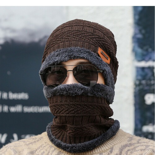 Winter Knitted Hat for Men with Fleece Lining and Thick Warm Insulation, Neck Scarf Hat for Cycling Cold Protection, Two-Piece Set, Woolen Hat for Women