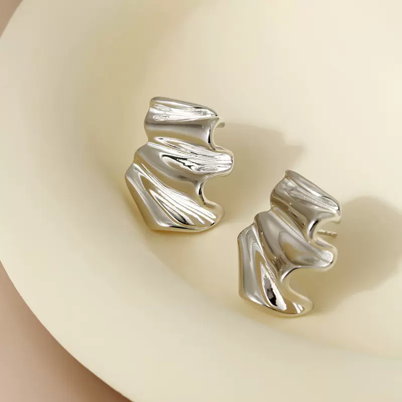 耳钉925纯银波浪褶皱不对称简约时尚ins风感饰品耳饰韩系女高级感