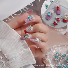 跨境美甲合金蝴蝶结镶钻美甲饰品蝴蝶八角指甲穿戴甲钻饰品厂批发