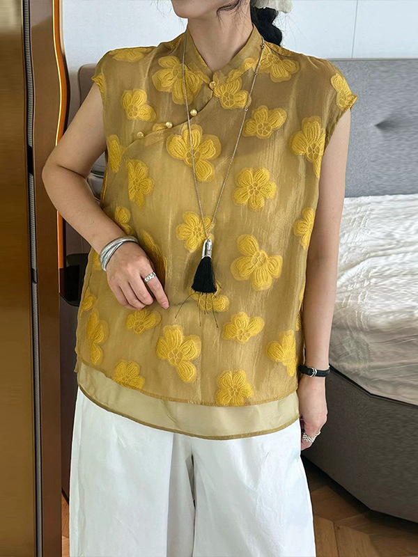 新しい中国風のボタン刺繍スタンドカラーシャツ女性のヨーロッパステーション 2025 夏の新しいヨーロッパの女性のファッショナブルなトップストレンド|undefined