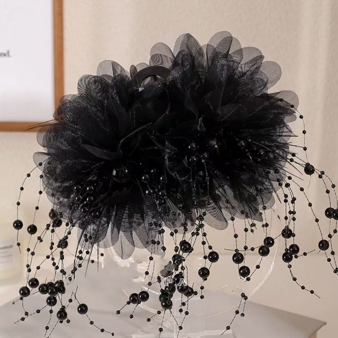 Satín de alta sensación, arco negro grande, clip de tiburón, toque de cabeza, clip de nube, clip de agarre, clip de cabello, tarjeta de cabello de mujer