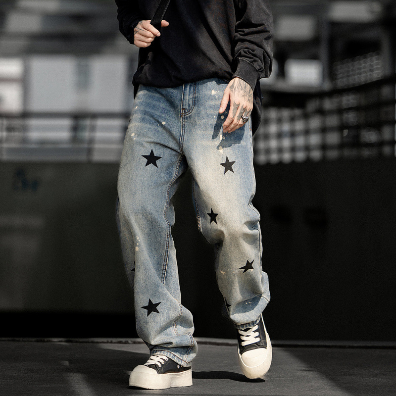 New Trendy Brand Loose Cro Five-Pointed Star Lightning Dirty Pants Straight Wide-Leg Pants American High Street Printed Jeans