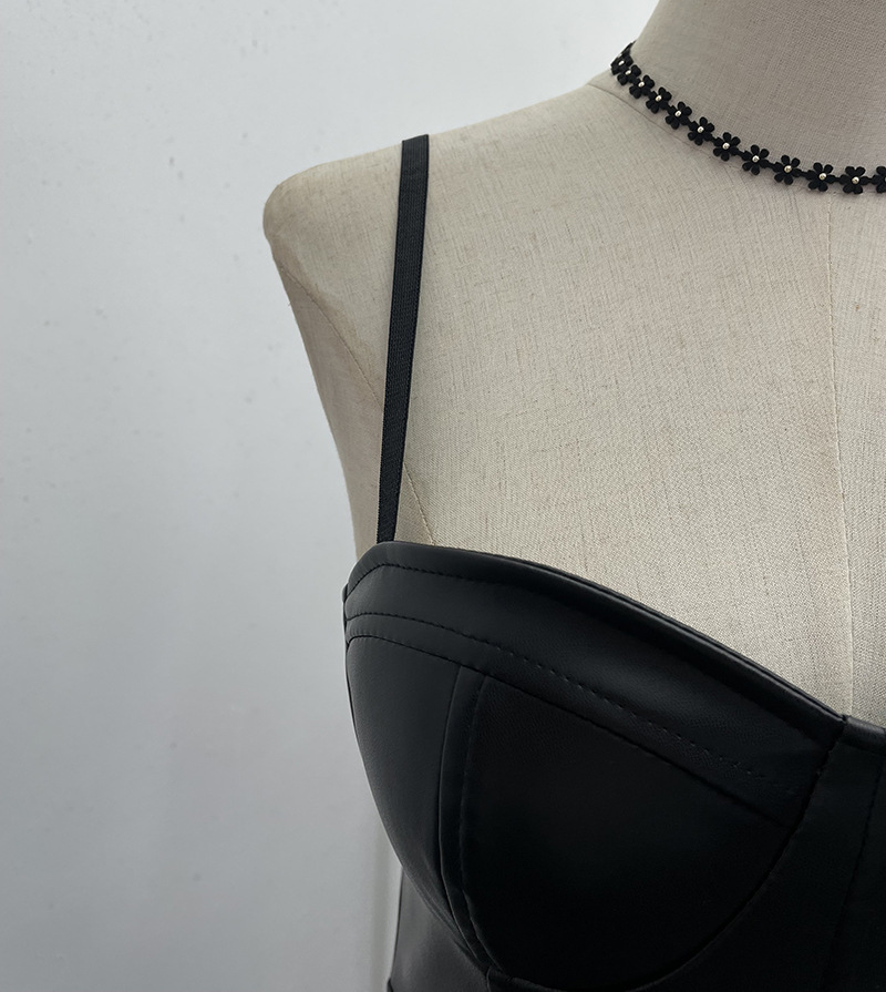 Real Shot Sexy Sling Sheath A line Faux Leather Waist Slimming Short Chest Pad Dress