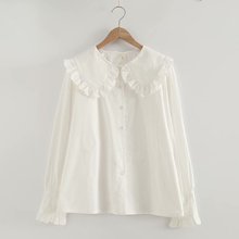 韩版可爱木耳边娃娃领长袖白色衬衫女春季新款宽松衬衣12846