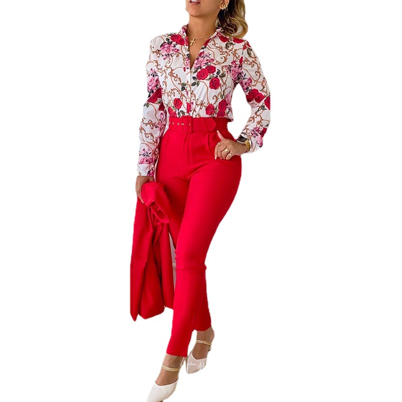 European and American Foreign Trade Women's Cross-border New Casual suit Printed Collar Long Sleeve Shirt Top Trousers Two-piece Set