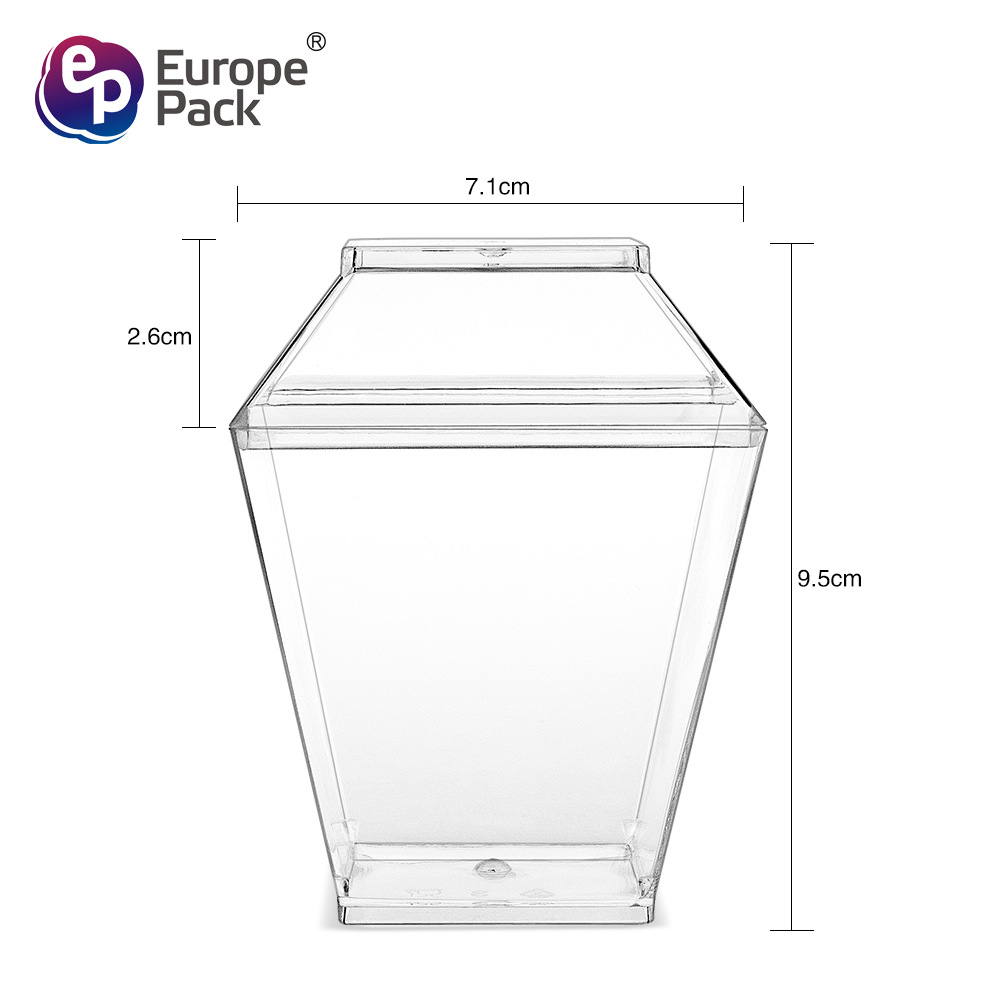 Copa de mousse desechable Taza de postre PS Taza de plástico Taza de pudín Taza redonda de punto de fábrica Taza cuadrada