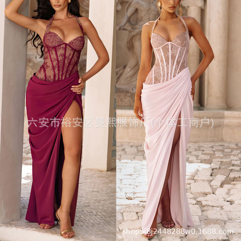 European and American style strapless evening dress with asymmetrical cut and high slit, long skirt for annual meetings, dates, and formal occasions, elegant and slimming for women European and American style strapless evening dress with asymmetrical cut and high slit, long skirt for annual meetings, dates, and formal occasions, elegant and slimming for women