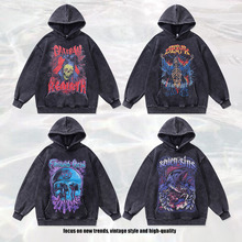 TKPA美式高街骷髅直喷印花连帽衫复古做旧430g纯棉宽松水洗卫衣男