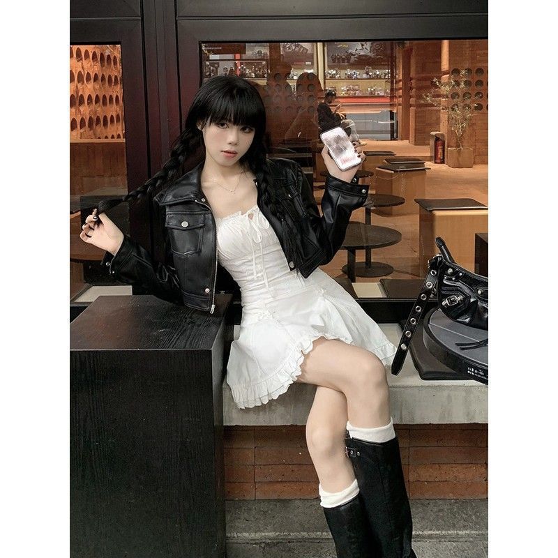 レザージャケット女性のための春と秋 2025 新しいデザインレトロブラウンホットガール甘くてクールなショートオートバイ pu レザージャケット|undefined