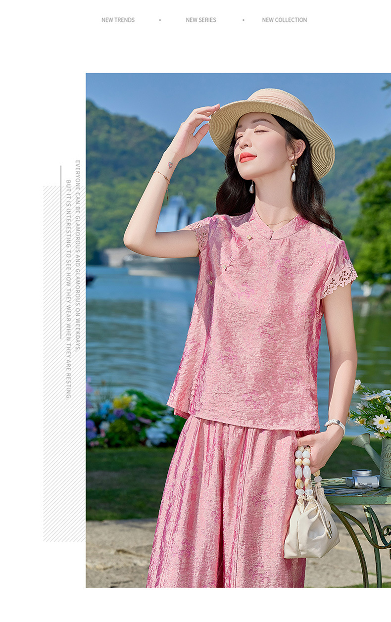 Bộ đầm maxi thắt eo họa tiết hoa nổi cổ điển phong cách Tân Trung Hoa — Hồng chi tiết 13