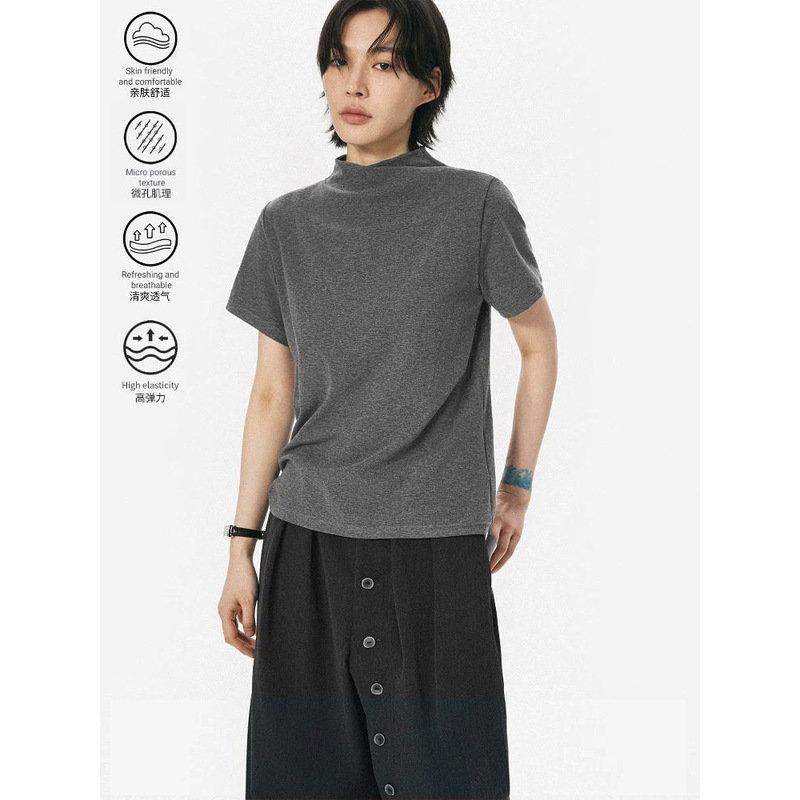 Sameuoo Free-Range Culture "Ash" Regular Shoulder Slim Fit High-Neck Short-Sleeve T-Shirt for Women Summer Urban # 4735J Sameuoo Free-Range Culture "Ash" Regular Shoulder Slim Fit High-Neck Short-Sleeve T-Shirt for Women Summer Urban # 4735J