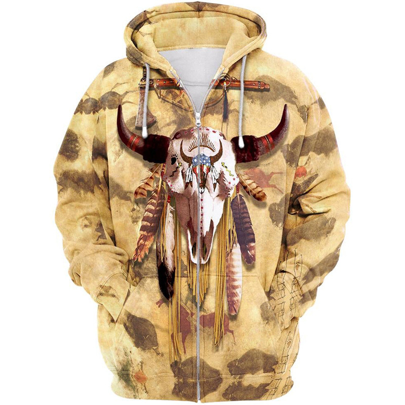 Foreign Trade Independent Station Hot-Selling Autumn and Winter White Cartoon Digital American Aboriginal Buffalo Skull Casual Hooded Sweatshirt