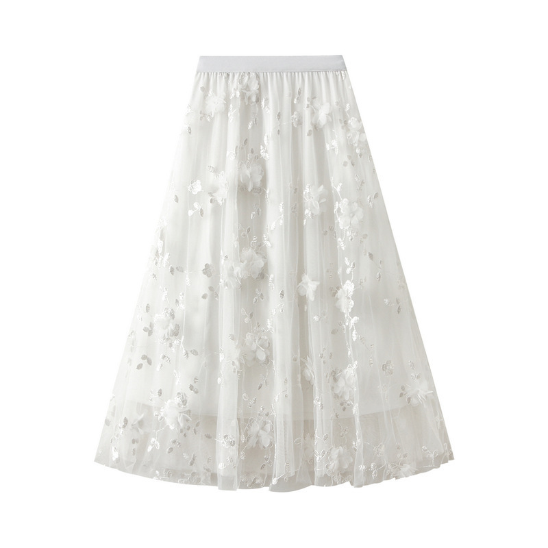 Mesh Embroider Heavy-Duty Skirt Large Size Gauze Skirt 2025 Spring New Style A-Line Literary High-Waisted Long Skirt