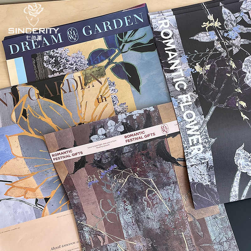 Papel de embalaje de estilo de pintura al óleo de nuevo estilo de pensamiento de siete colores, nuevo arte de floristería, cojín de flores frescas, material de papel de embalaje de bricolaje