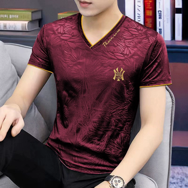 Новинка 2024 года, мужская летняя дышащая Модная Тонкая футболка с короткими рукавами из ледяного шелка с вышивкой, Мужская Высококачественная футболка с V-образным вырезом