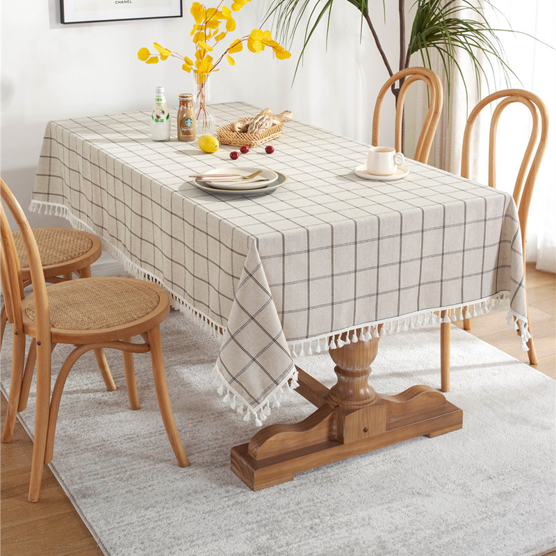 Cafe Double-line Plaid Cotton-polyester-linen Tassel Geometric Rectangular Dining And Coffee Table Tablecloth, Available_voghion.com