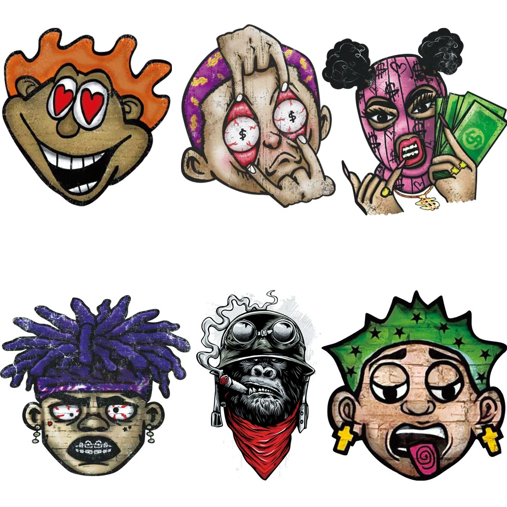 Men's Ke style perm picture cartoon portrait perm picture punk rock pattern thermal transfer printing stickers factory wholesale