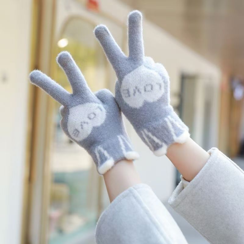 秋冬季手套女可爱兔耳朵加绒毛线触屏针织保暖学生触屏防寒绒手套|undefined