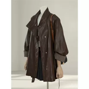 Coffee autumn polyurethane jacket, high-quality style, oversize, loose fit