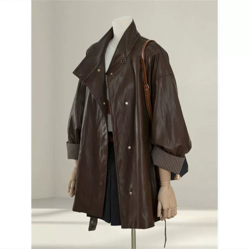 Coffee autumn polyurethane jacket, high-quality style, oversize, loose fit