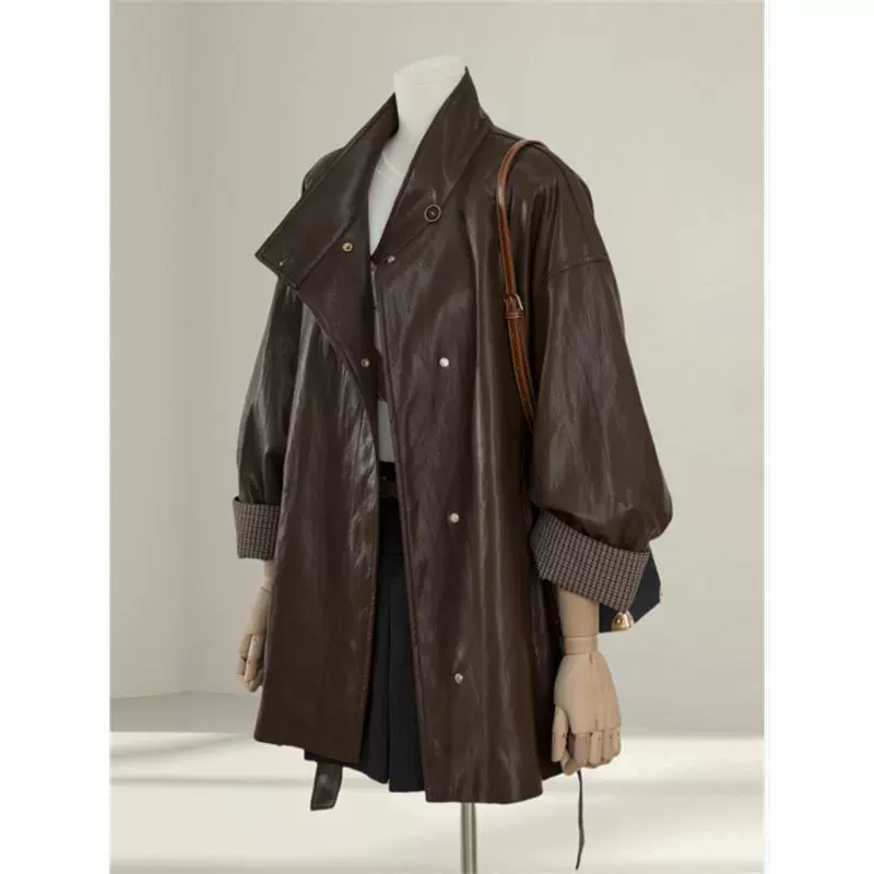 Coffee autumn polyurethane jacket, high-quality style, oversize, loose fit