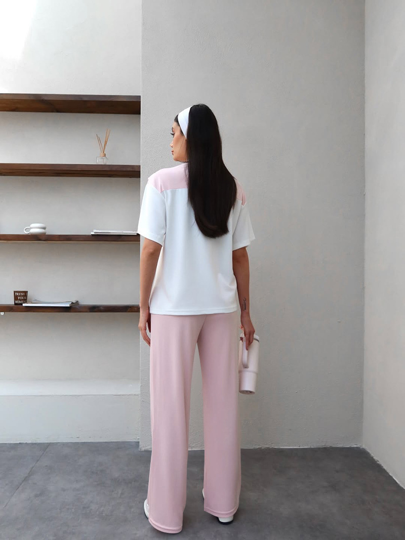 Women's Clothing Women's Faux Wrap Short Sleeve Top And Straight Leg Pants Set Patchwork White Round Neck Summer Fashion Casual Outfit_ecoleips.com