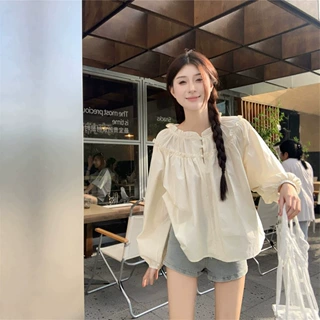 2026秋季新款圆领木耳边长袖衬衫女百搭宽松法式甜美设计感衬衣女