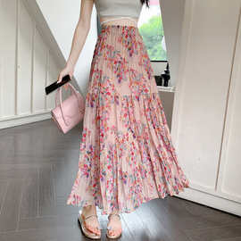 雪纺蛋糕长裙女半身裙夏季新款气质松紧高腰遮跨字碎花裙子