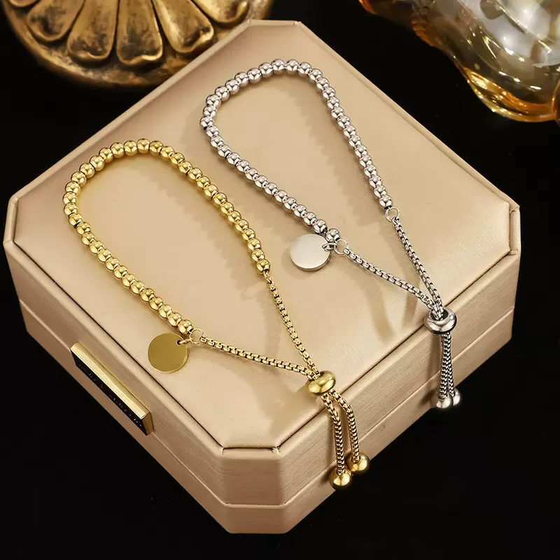 欧美跨境钛钢手饰复古气质百搭转运珠圆牌吊坠不锈钢保色链条手链