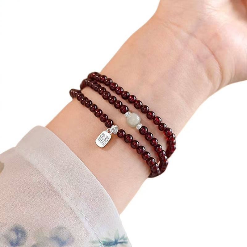 New Chinese Style S925 Sterling Silver Natural Garnet Fortune Pendant Three-Circle Bracelet for Women, Exquisite Niche Stackable Beaded Style