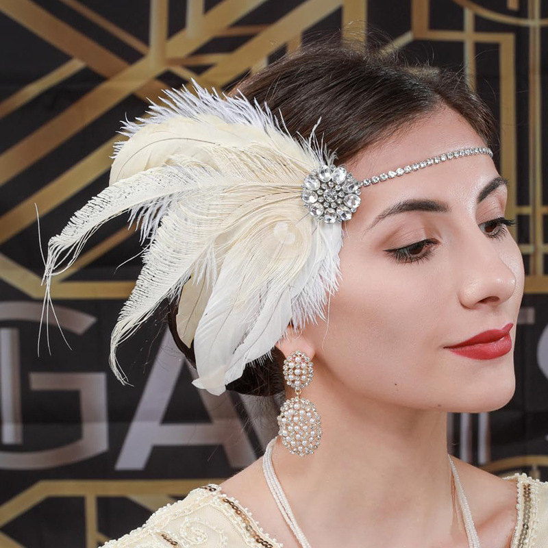 1920S Flapper Girl Accessories Gatsby Feather Headband Vintage Hairband Bachelorette Party Banquet Headpiece for Women