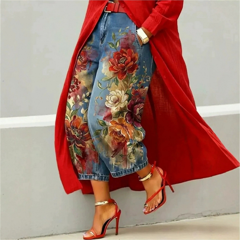 European and American Style Cow Print Wide-Leg Pants for Women, High-Waisted Slimming Straight-Leg Faux Denim Pants, Retro Y2K Personalized Print European and American Style Cow Print Wide-Leg Pants for Women, High-Waisted Slimming Straight-Leg Faux Denim Pants, Retro Y2K Personalized Print