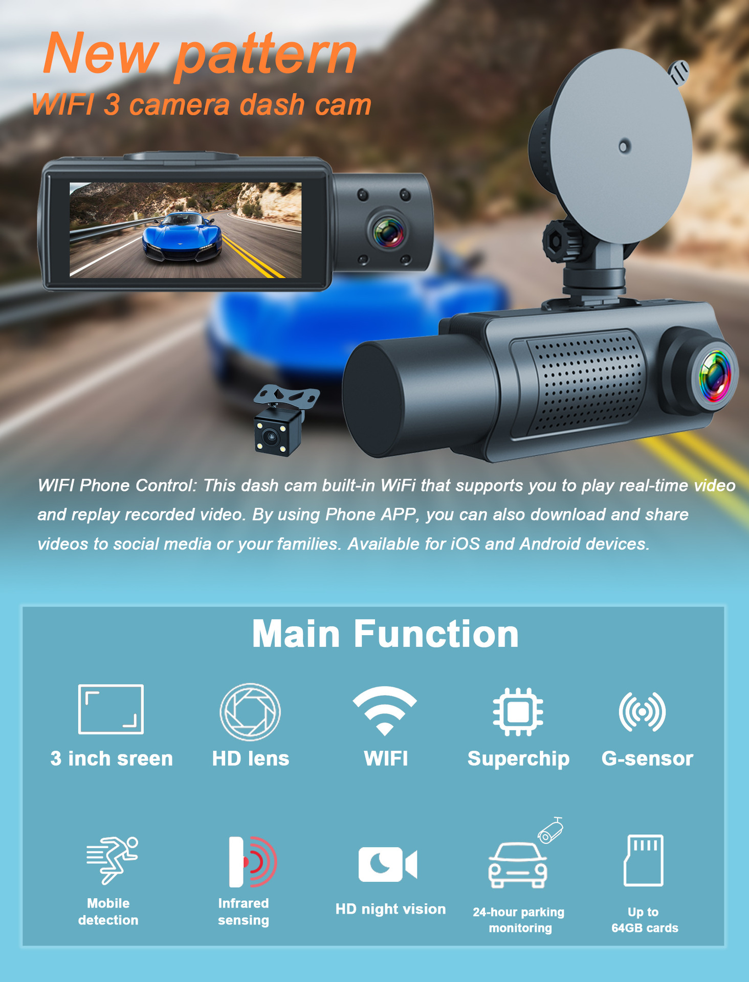 Cross-Border 3.16inch Three-Camera 1080P+480+480+Wifi Dash Cam High-Definition Three-Lens Recorder