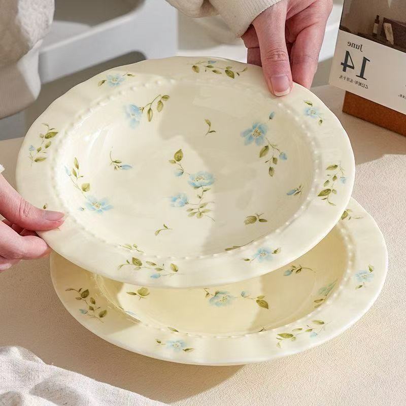 Lan Linghua Ceramic Plate High-Value Household Dish Plate Straw Hat Plate Ins Style Fresh Lace Plate Ceramic Dish Meal