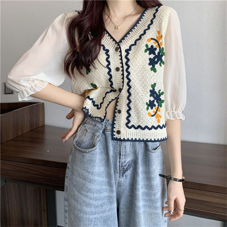 Knitted Chiffon Lace Pullover Short Sleeve Embroidered Hollow Women's Top Bohemian Ethnic Style Summer Thin Knitted Chiffon Lace Pullover Short Sleeve Embroidered Hollow Women's Top Bohemian Ethnic Style Summer Thin