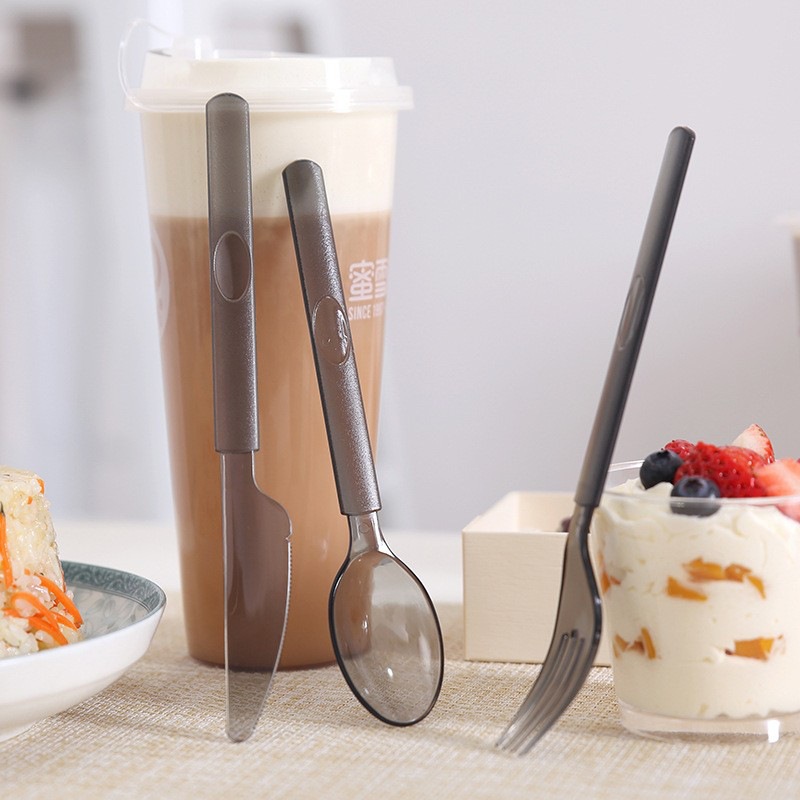 Ensalada de bistec occidental gruesa de mango largo desechable, cuchillo y tenedor para llevar, té con leche grueso, postre, cuchara de sopa, paquete independiente