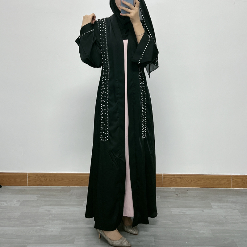 F326 Cross-Border Foreign Trade Middle Eastern Women's Long Dress, Dubai Pearl Embellished Elegant Cardigan Robe,_ecoleips.com