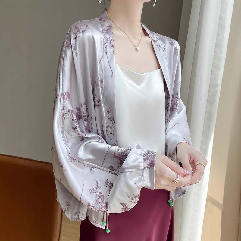 2025 Satin Collarless Suit Jacket Summer New Style Heavy Industry Elegant New Chinese Style National Style Thin Cardigan Top Shawl