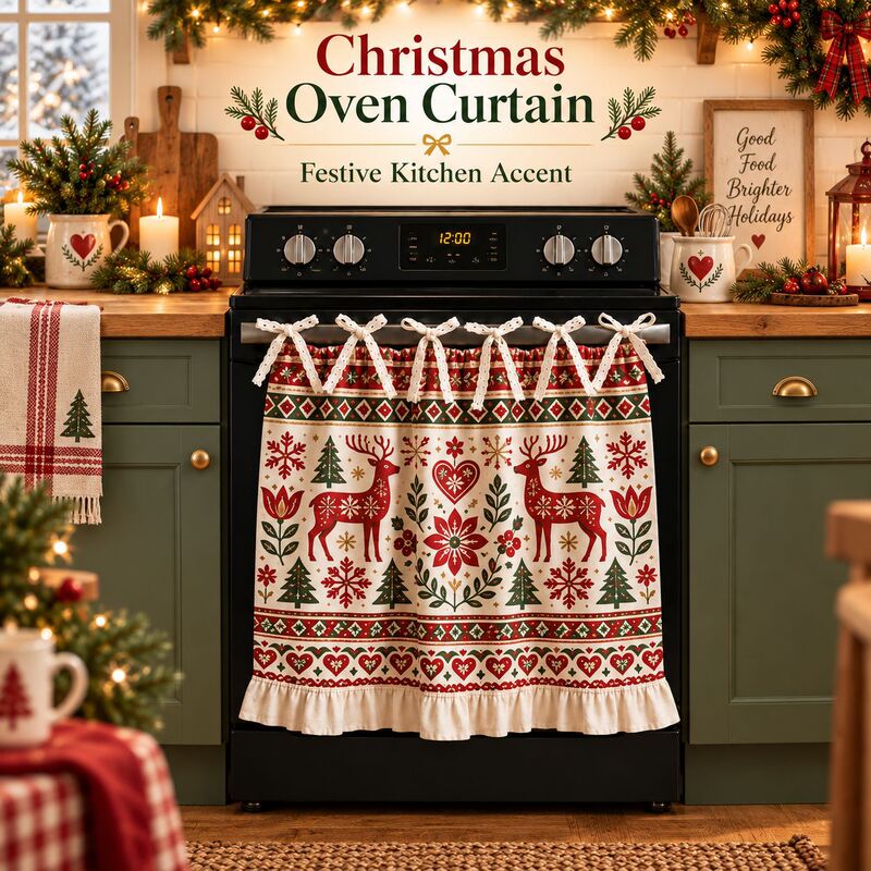 Cross-border supply for Christmas kitchen decorations: oven door curtains with a Nordic-style reindeer and snowflake print, available with custom designs Cross-border supply for Christmas kitchen decorations: oven door curtains with a Nordic-style reindeer and snowflake print, available with custom designs