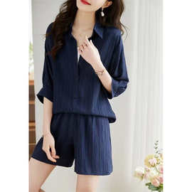 K6F2024夏季新款五分休闲时尚洋气遮肉通勤套装简约衬衫纯色短裤