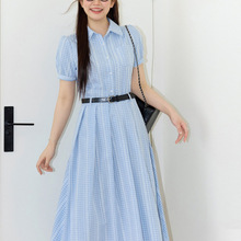 巨鹿工作室“夏语春风”微胖mm韩系蓝色收腰条纹衬衫裙大码连衣裙