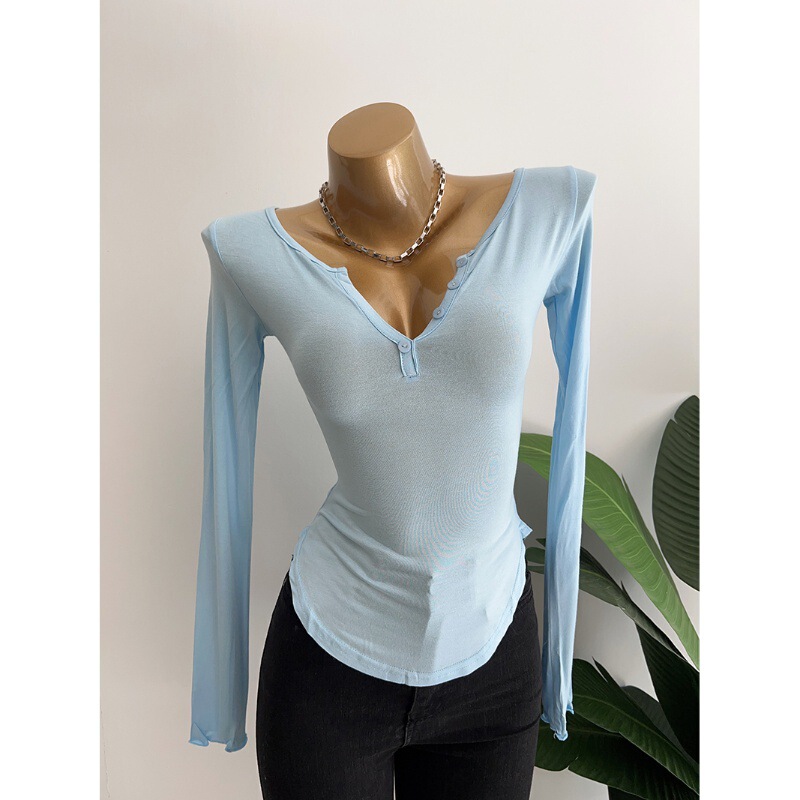 Hot Sale South Korea Dongdaemun MJ111 Sexy Half Open Collar Chest/Comfortable Micro-transparent Slim Long Sleeve T-shirt Base Shirt